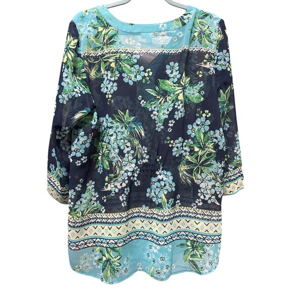 J. Jill Size XL Floral Tunic Top Navy/Blue 3/4 Sleeve Button-Front  Lightweight - Picture 3 of 8